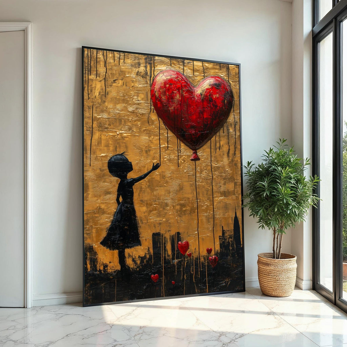 Girl with Heart Canvas, Heart Balloon Art, Banksy Style, Wall Art Canvas Design, Street Art Print, Ready to Hang Decoration