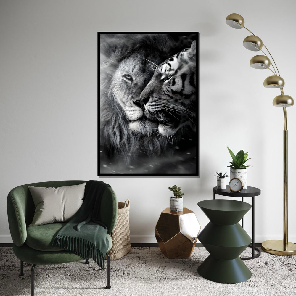 Lion and Tiger Canvas, Majestic Big Cats Wall Art, Animal Art Poster, Canvas Wall Design, Monochrome Wildlife, Ready To Hang Decoration