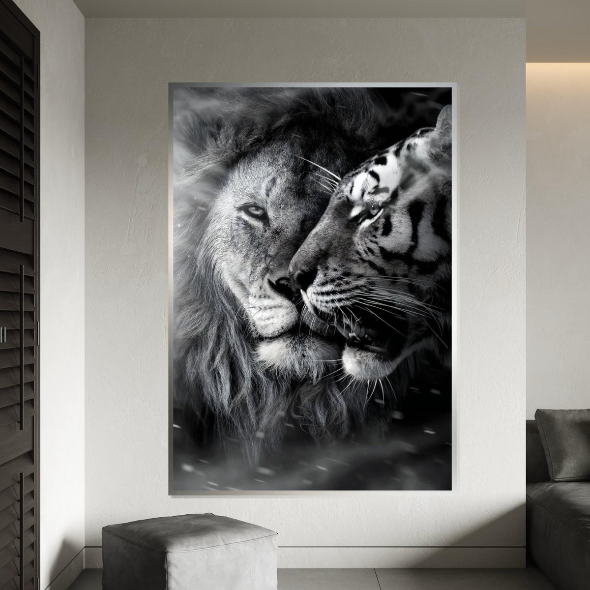 Lion and Tiger Canvas, Majestic Big Cats Wall Art, Animal Art Poster, Canvas Wall Design, Monochrome Wildlife, Ready To Hang Decoration