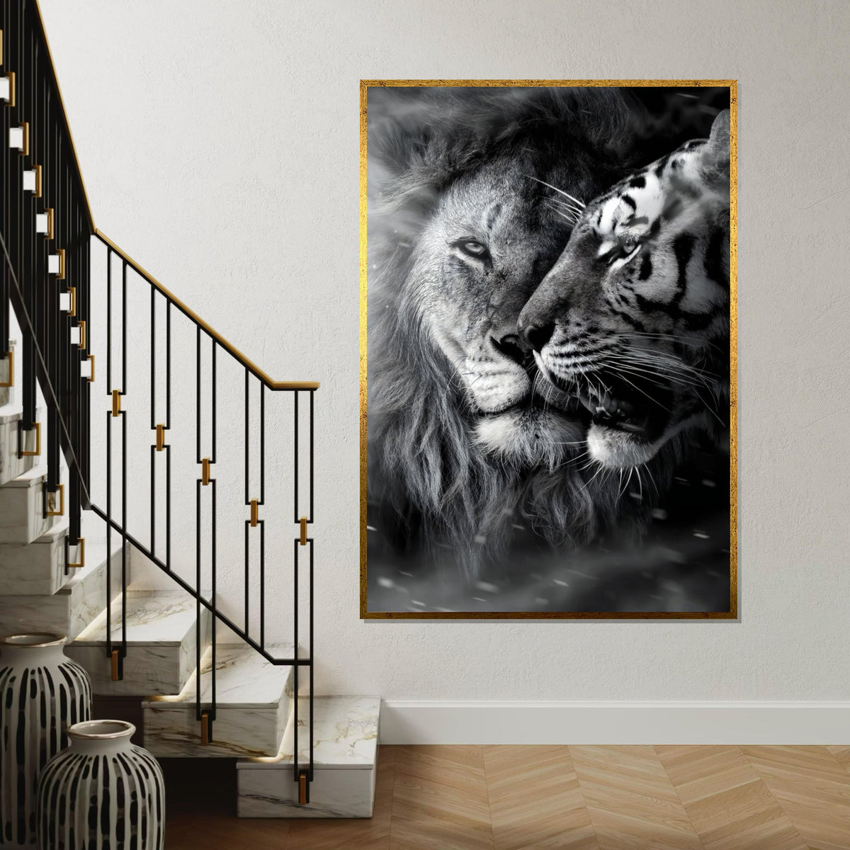 Lion and Tiger Canvas, Majestic Big Cats Wall Art, Animal Art Poster, Canvas Wall Design, Monochrome Wildlife, Ready To Hang Decoration