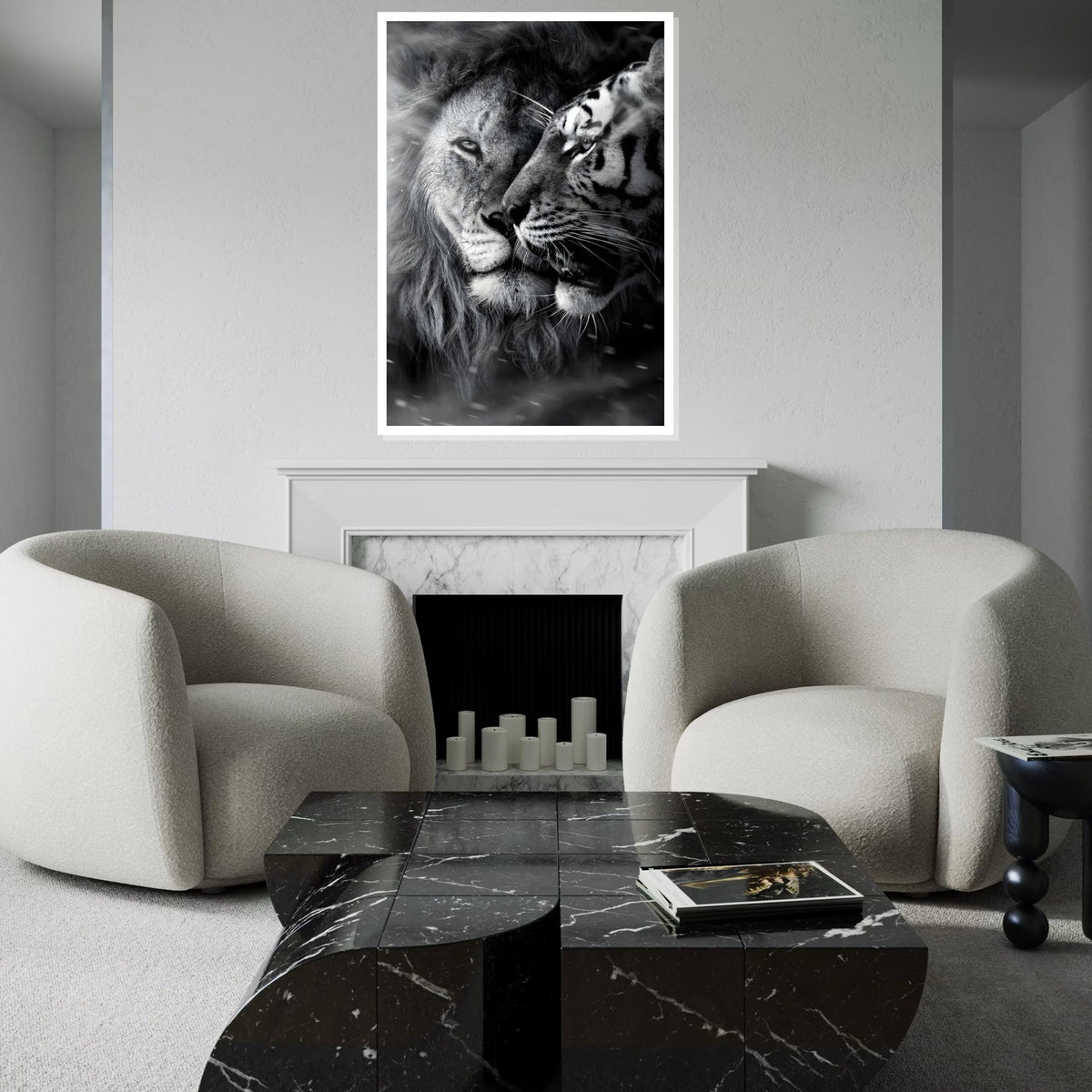 Lion and Tiger Canvas, Majestic Big Cats Wall Art, Animal Art Poster, Canvas Wall Design, Monochrome Wildlife, Ready To Hang Decoration