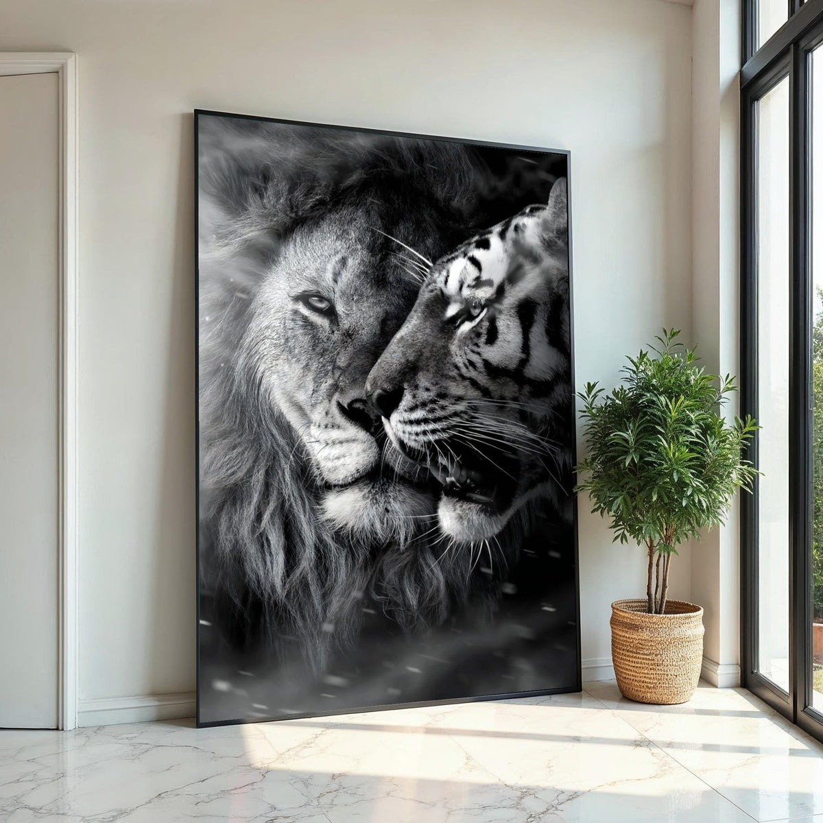 Lion and Tiger Canvas, Majestic Big Cats Wall Art, Animal Art Poster, Canvas Wall Design, Monochrome Wildlife, Ready To Hang Decoration