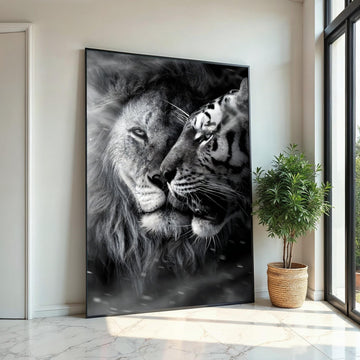 Lion and Tiger Canvas, Majestic Big Cats Wall Art, Animal Art Poster, Canvas Wall Design, Monochrome Wildlife, Ready To Hang Decoration