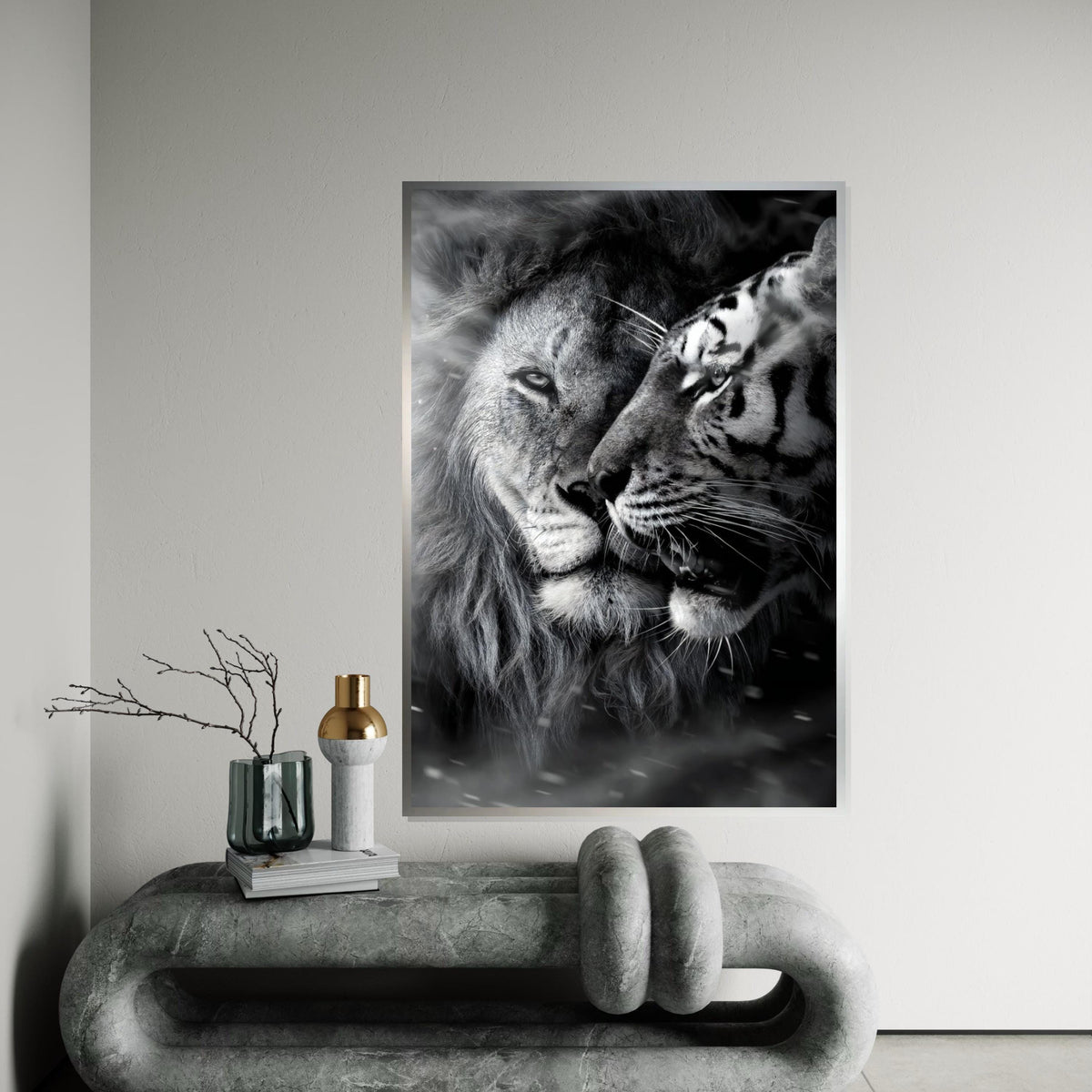 Lion and Tiger Canvas, Majestic Big Cats Wall Art, Animal Art Poster, Canvas Wall Design, Monochrome Wildlife, Ready To Hang Decoration