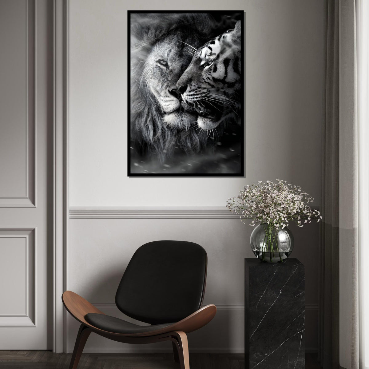 Lion and Tiger Canvas, Majestic Big Cats Wall Art, Animal Art Poster, Canvas Wall Design, Monochrome Wildlife, Ready To Hang Decoration