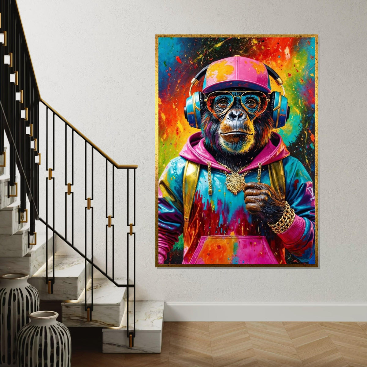 Funky Monkey Canvas Art, Colorful Chimp DJ Canvas, Animal Wall Print, Wall Art Canvas Design, Ready to Hang Decoration