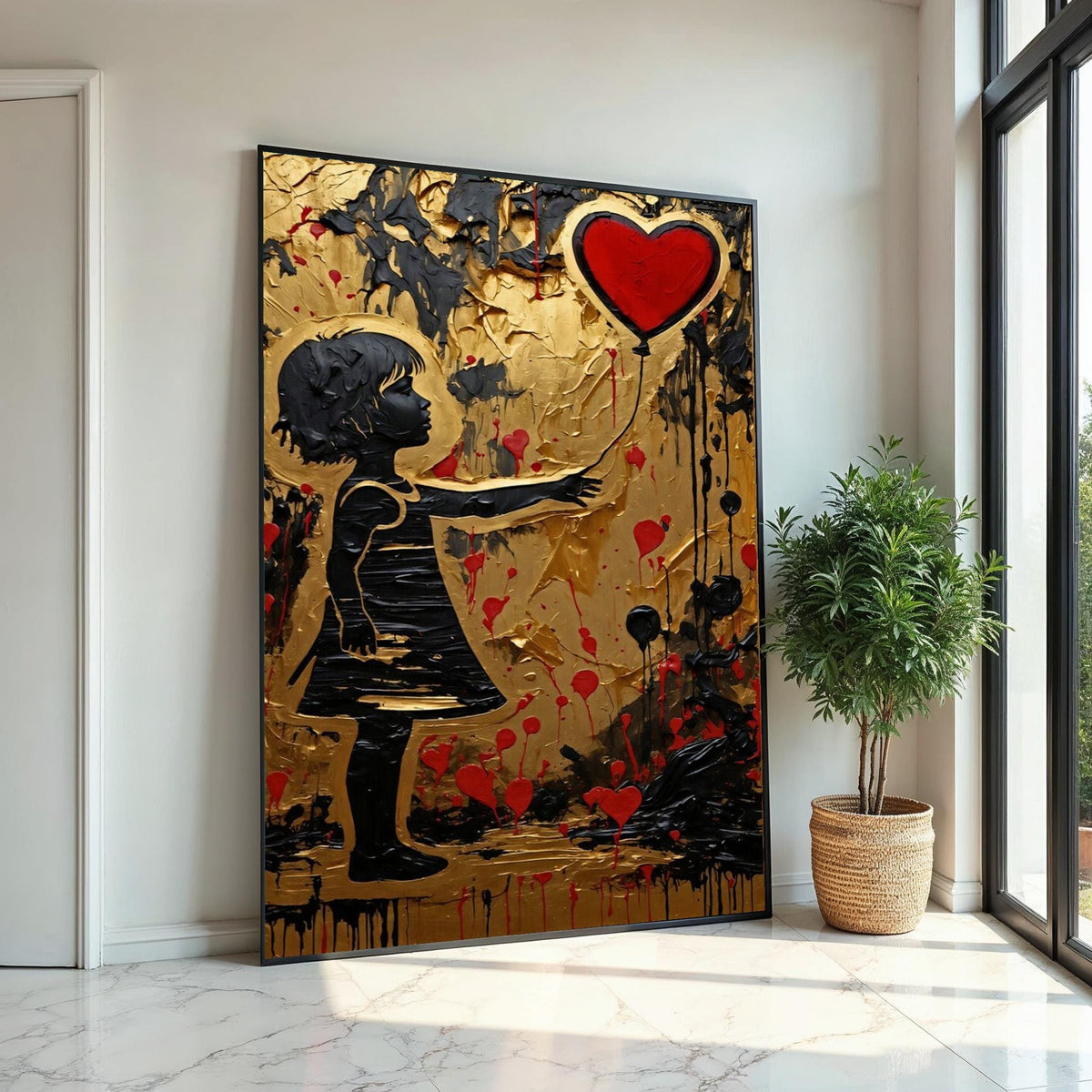 Heart Balloon Girl, Gold Canvas Art, Red Balloon Painting, Modern Wall Art, Canvas Design, Ready to Hang Decoration