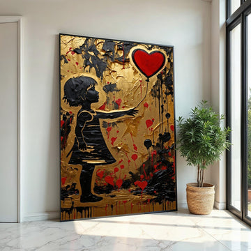 Heart Balloon Girl, Gold Canvas Art, Red Balloon Painting, Modern Wall Art, Canvas Design, Ready to Hang Decoration