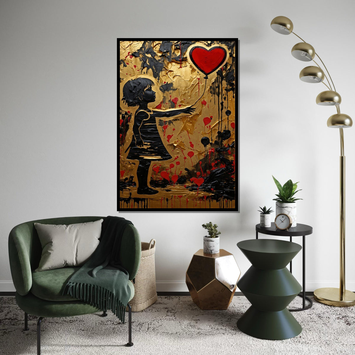 Heart Balloon Girl, Gold Canvas Art, Red Balloon Painting, Modern Wall Art, Canvas Design, Ready to Hang Decoration
