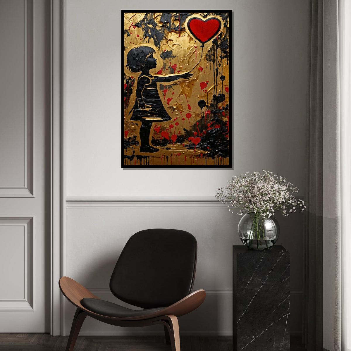 Heart Balloon Girl, Gold Canvas Art, Red Balloon Painting, Modern Wall Art, Canvas Design, Ready to Hang Decoration