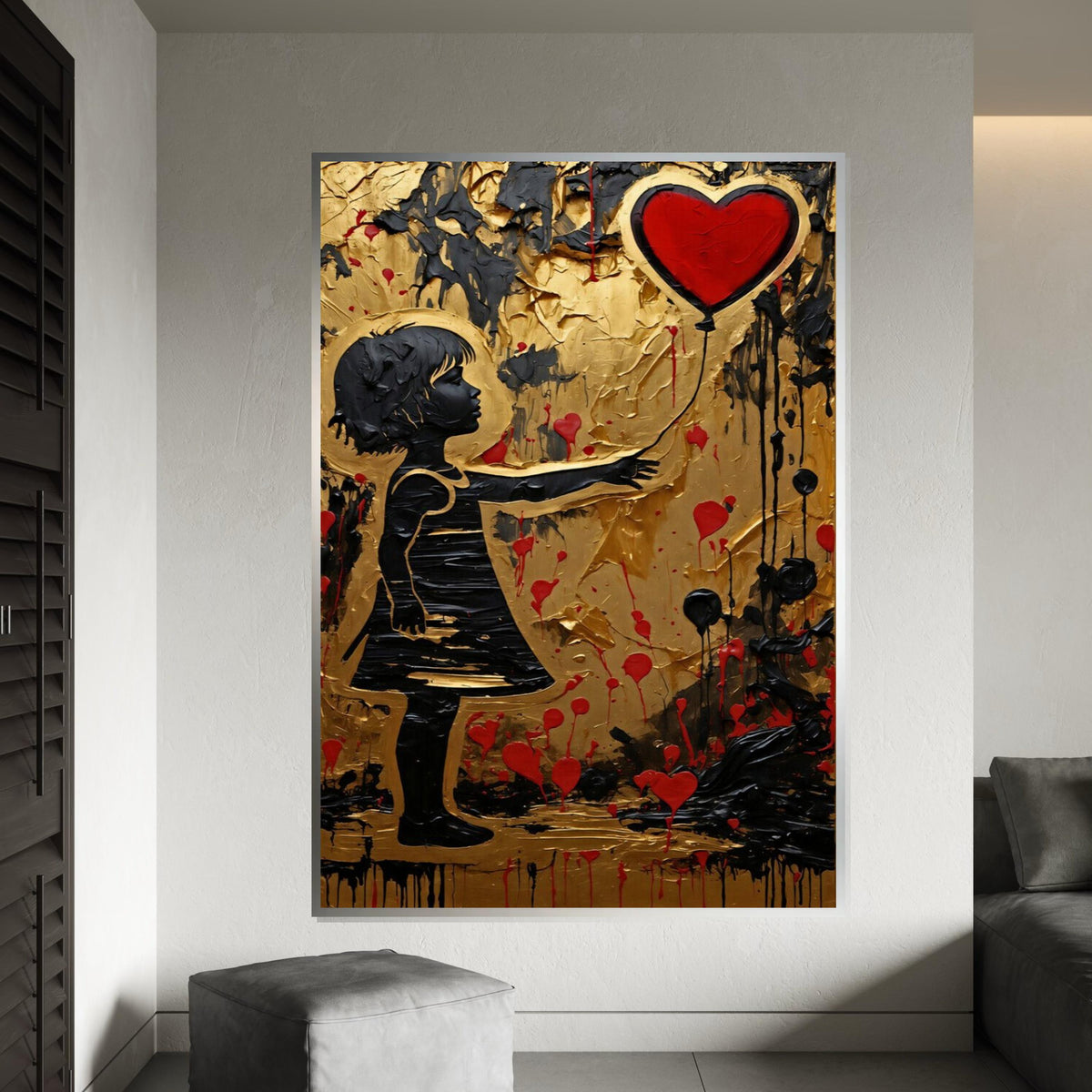 Heart Balloon Girl, Gold Canvas Art, Red Balloon Painting, Modern Wall Art, Canvas Design, Ready to Hang Decoration