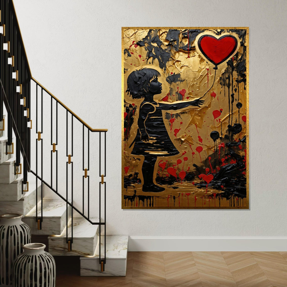 Heart Balloon Girl, Gold Canvas Art, Red Balloon Painting, Modern Wall Art, Canvas Design, Ready to Hang Decoration