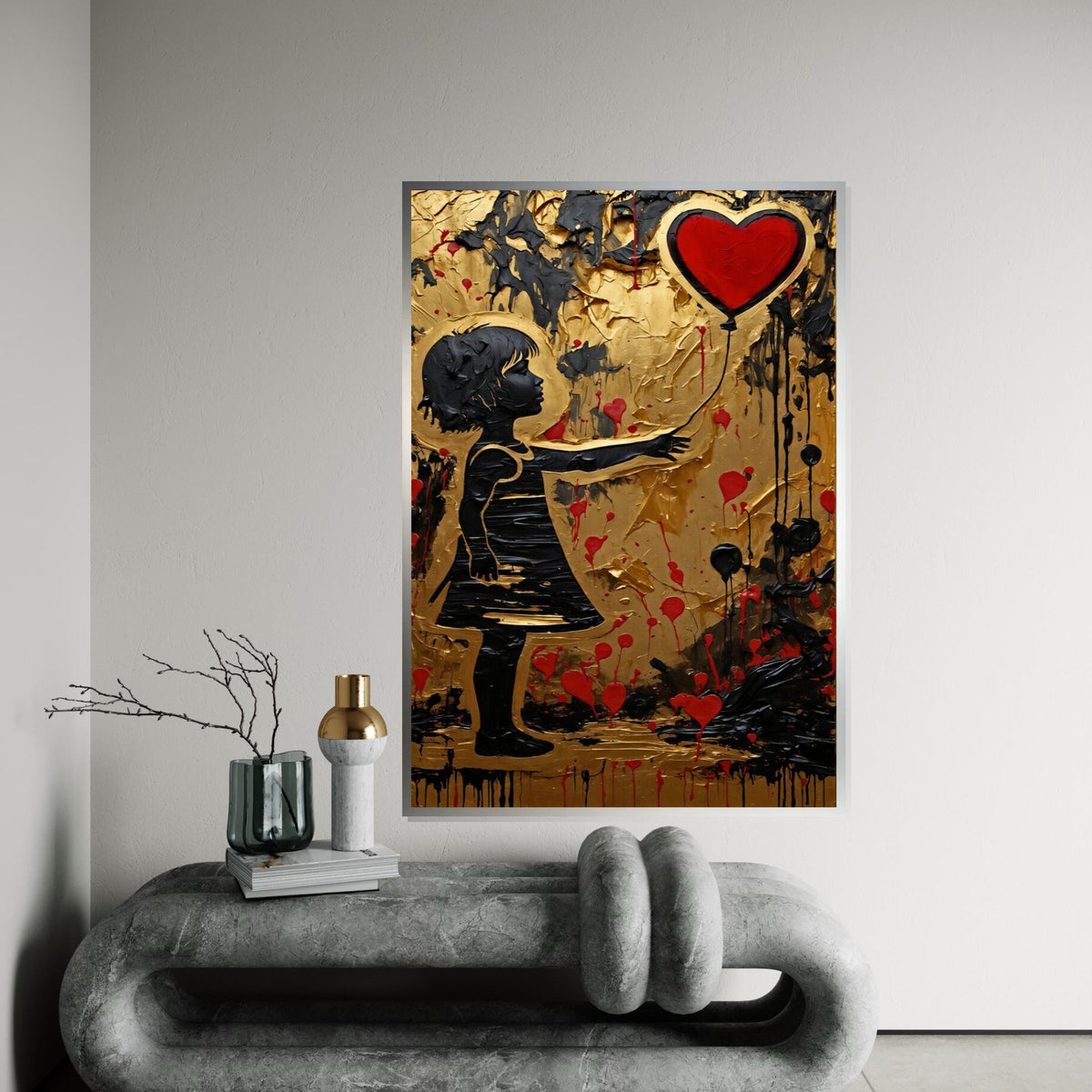 Heart Balloon Girl, Gold Canvas Art, Red Balloon Painting, Modern Wall Art, Canvas Design, Ready to Hang Decoration