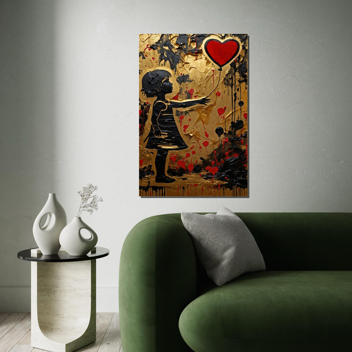 Heart Balloon Girl, Gold Canvas Art, Red Balloon Painting, Modern Wall Art, Canvas Design, Ready to Hang Decoration