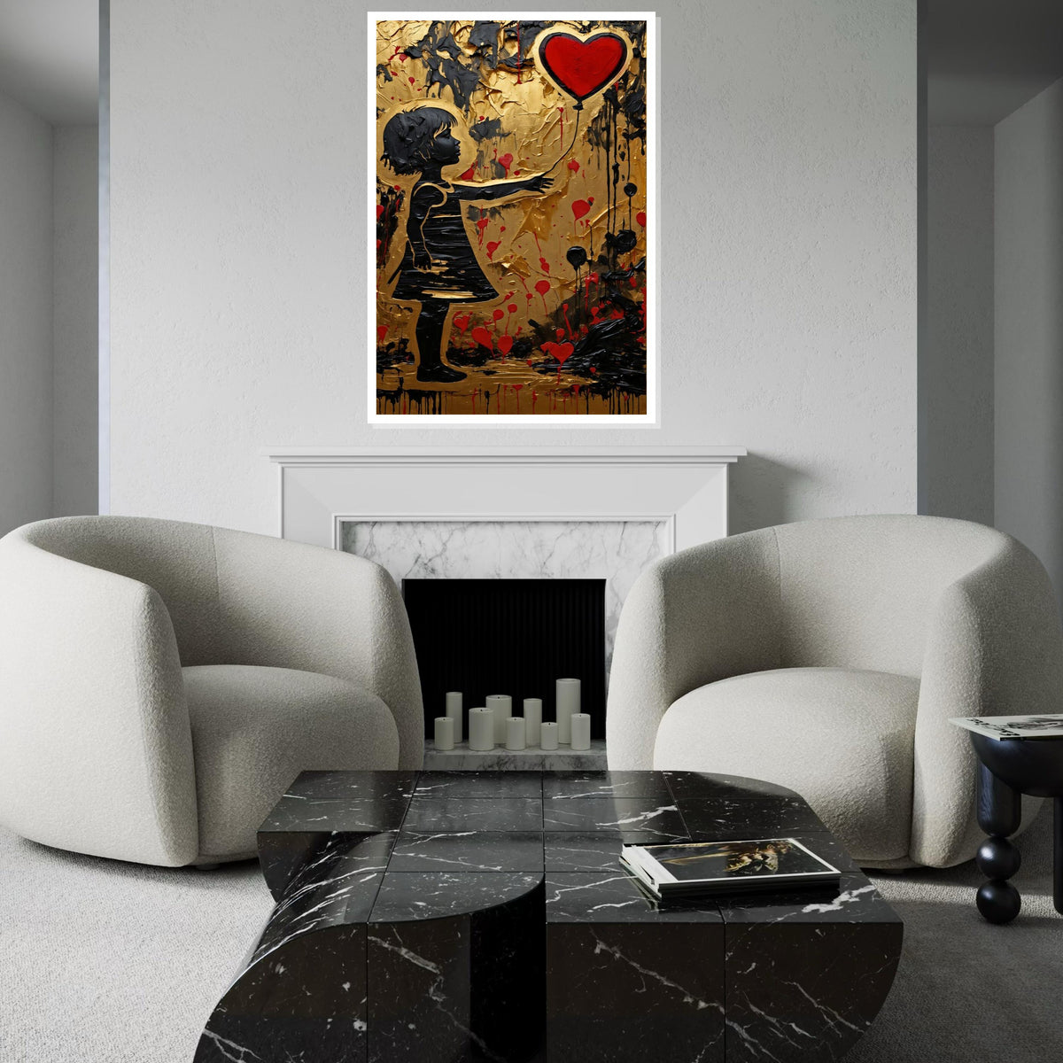 Heart Balloon Girl, Gold Canvas Art, Red Balloon Painting, Modern Wall Art, Canvas Design, Ready to Hang Decoration