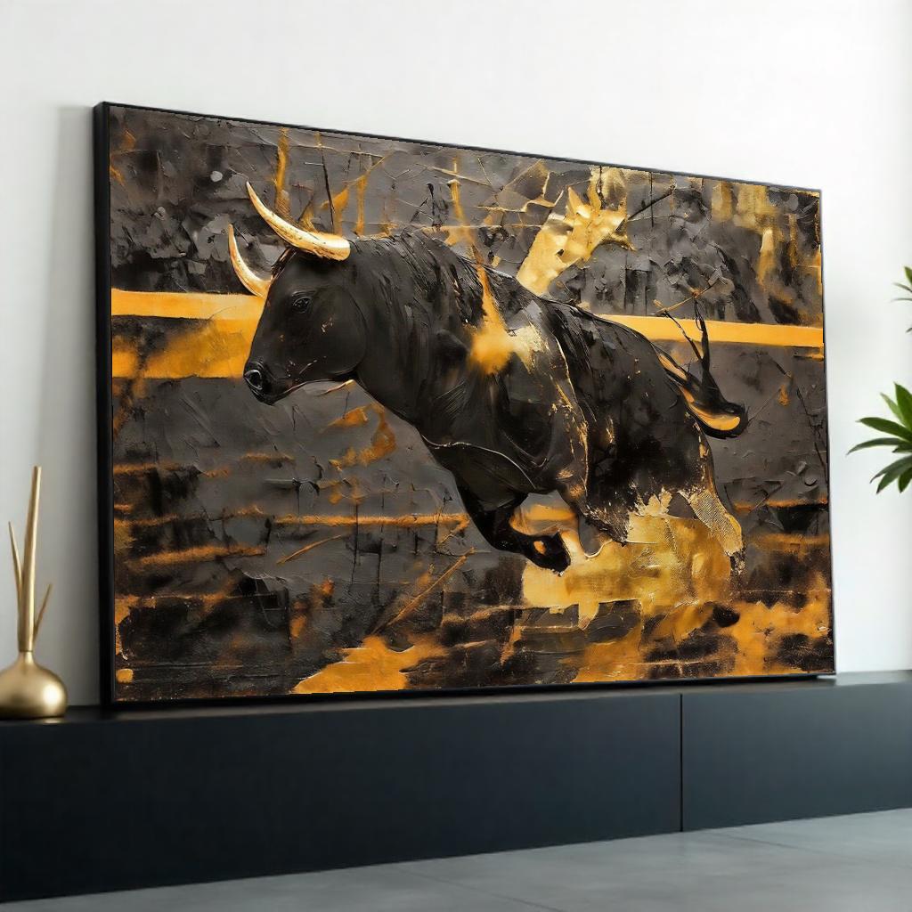 Charging Bull Canvas, Gold Bull Art, Animal Wall Art, Black and Gold Canvas Design, Wall Art Canvas, Ready to Hang Decoration