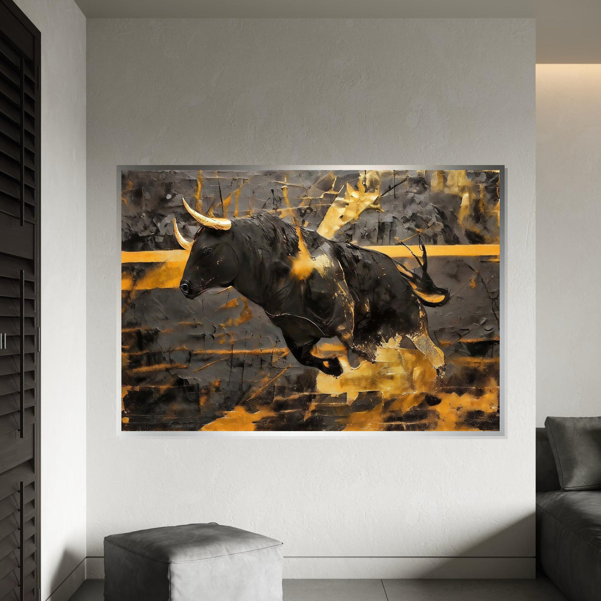 Charging Bull Canvas, Gold Bull Art, Animal Wall Art, Black and Gold Canvas Design, Wall Art Canvas, Ready to Hang Decoration