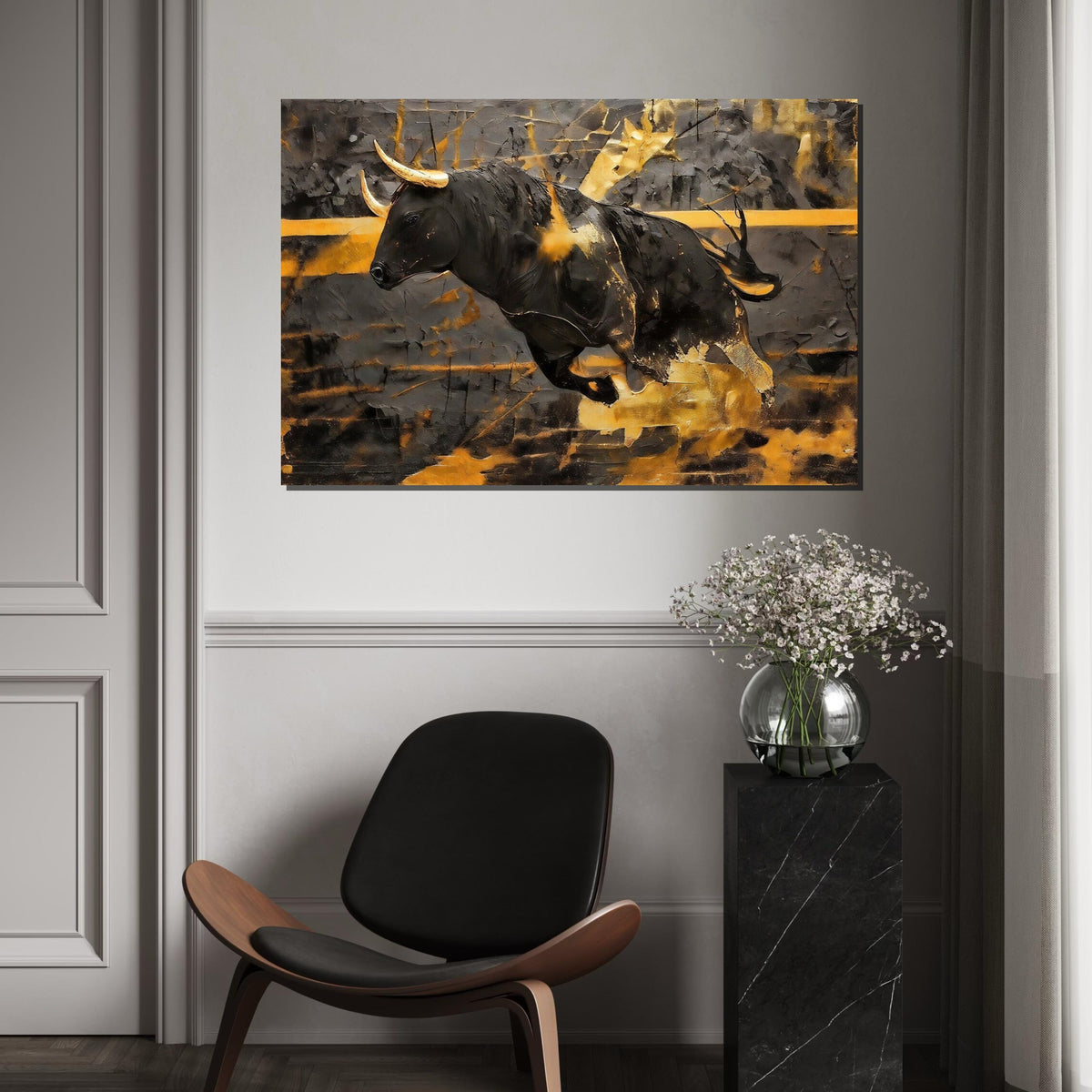 Charging Bull Canvas, Gold Bull Art, Animal Wall Art, Black and Gold Canvas Design, Wall Art Canvas, Ready to Hang Decoration