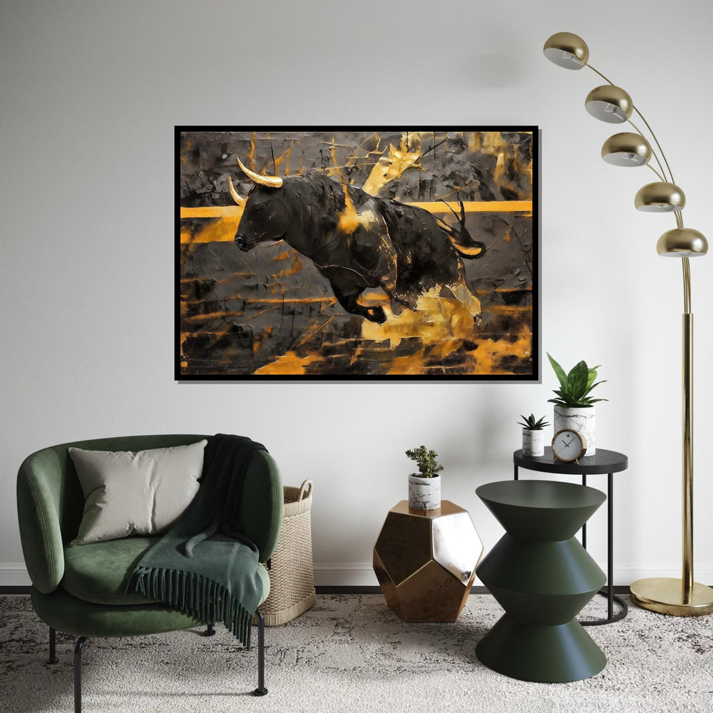 Charging Bull Canvas, Gold Bull Art, Animal Wall Art, Black and Gold Canvas Design, Wall Art Canvas, Ready to Hang Decoration