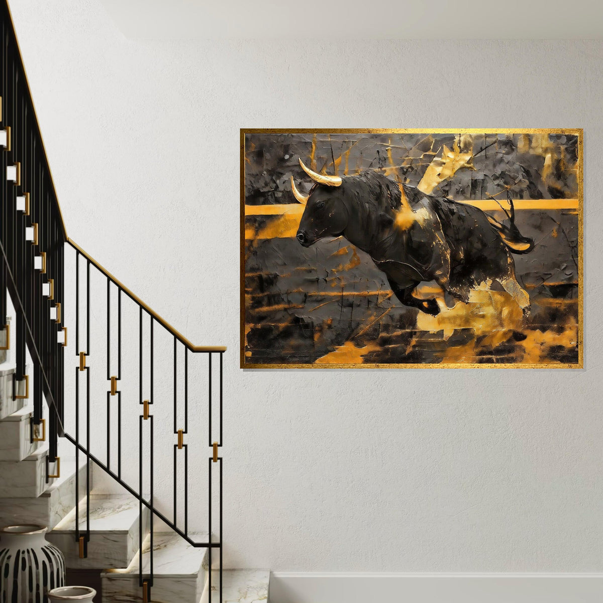 Charging Bull Canvas, Gold Bull Art, Animal Wall Art, Black and Gold Canvas Design, Wall Art Canvas, Ready to Hang Decoration