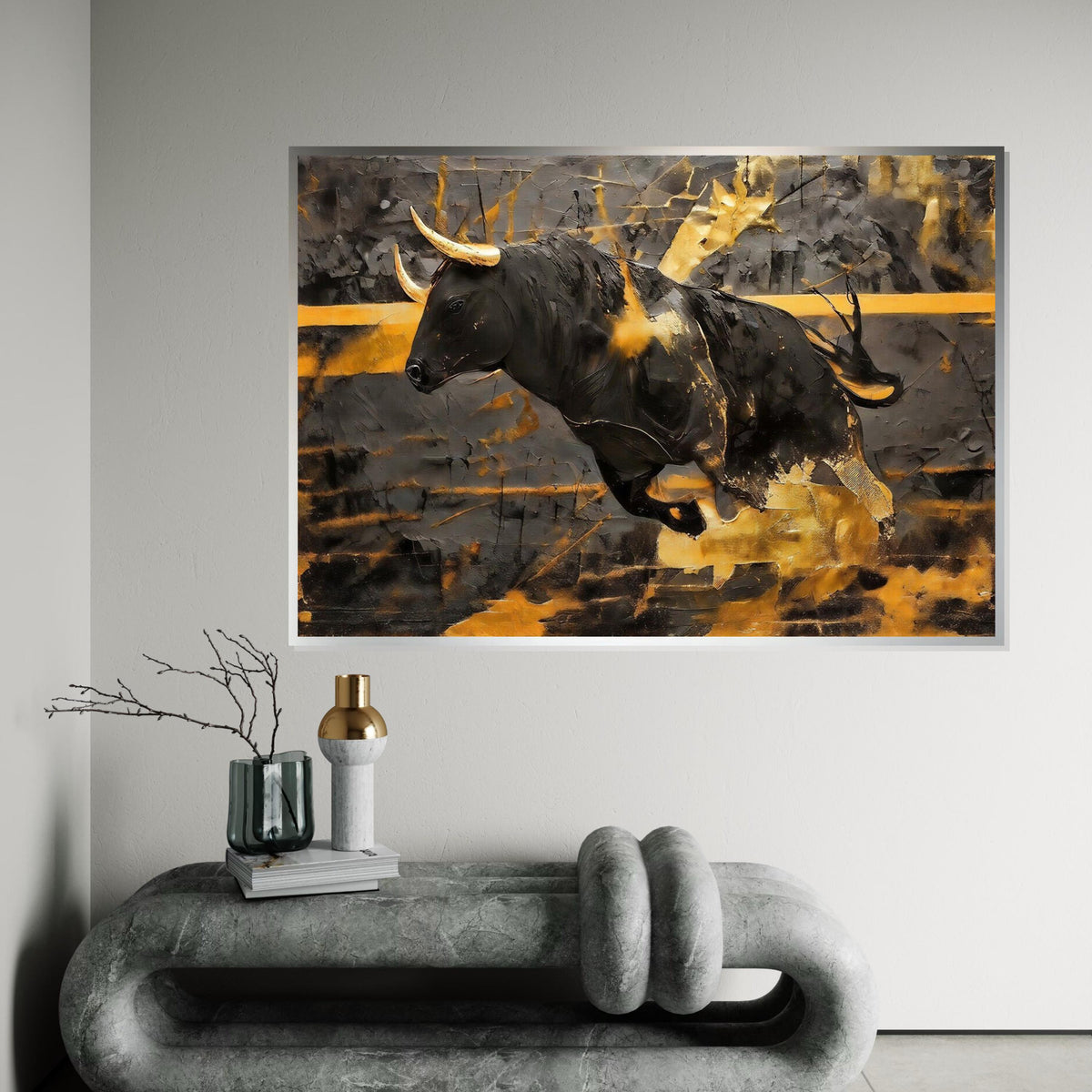 Charging Bull Canvas, Gold Bull Art, Animal Wall Art, Black and Gold Canvas Design, Wall Art Canvas, Ready to Hang Decoration
