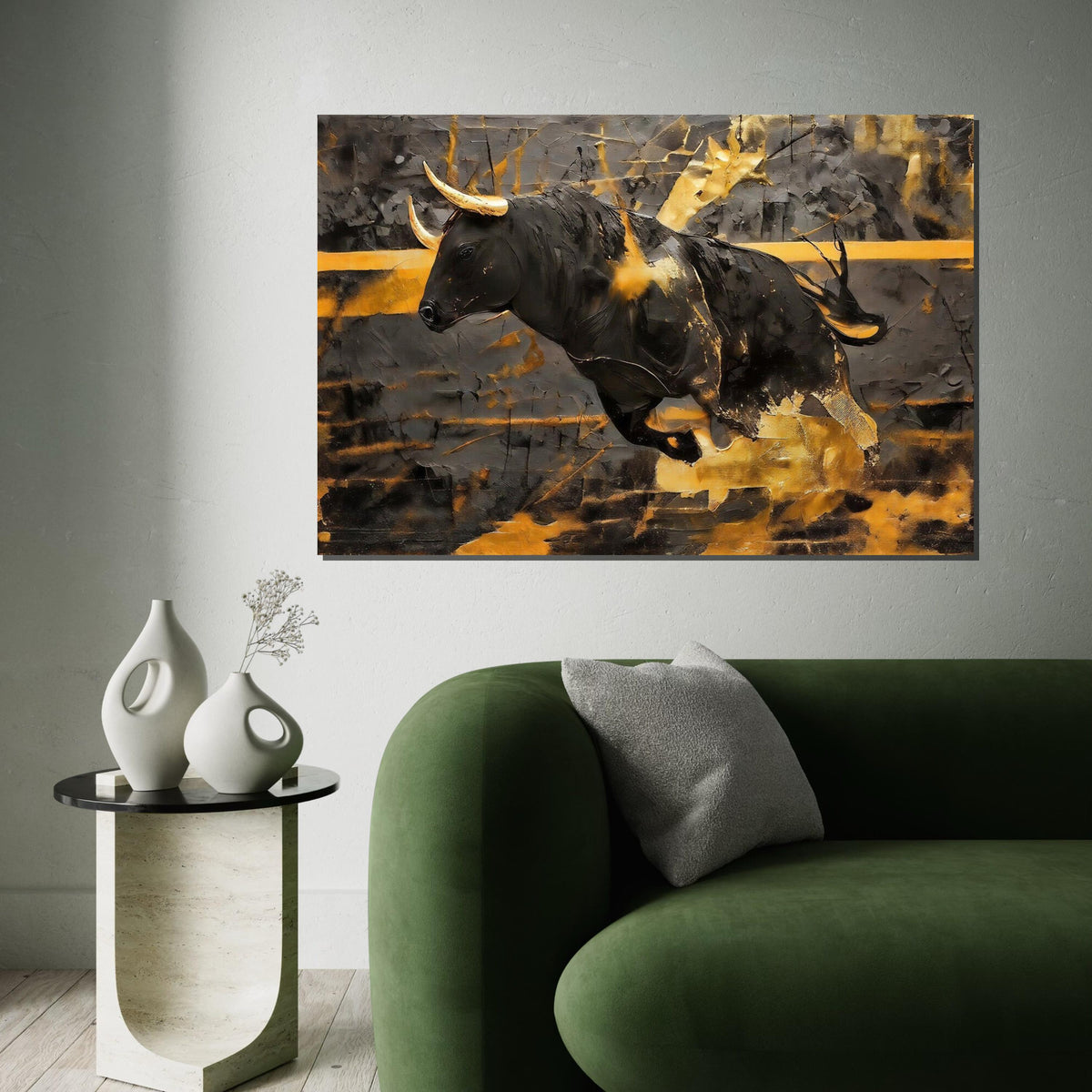 Charging Bull Canvas, Gold Bull Art, Animal Wall Art, Black and Gold Canvas Design, Wall Art Canvas, Ready to Hang Decoration