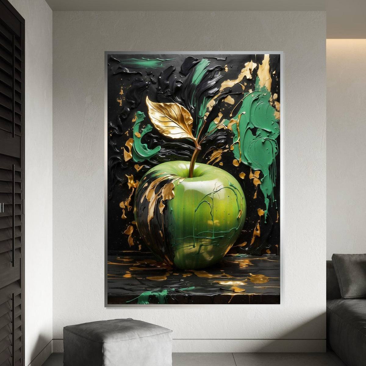 Golden Leaf Apple Canvas, Abstract Apple Art, Green and Gold Wall Art, Wall Art Canvas Design, Ready to Hang Decoration