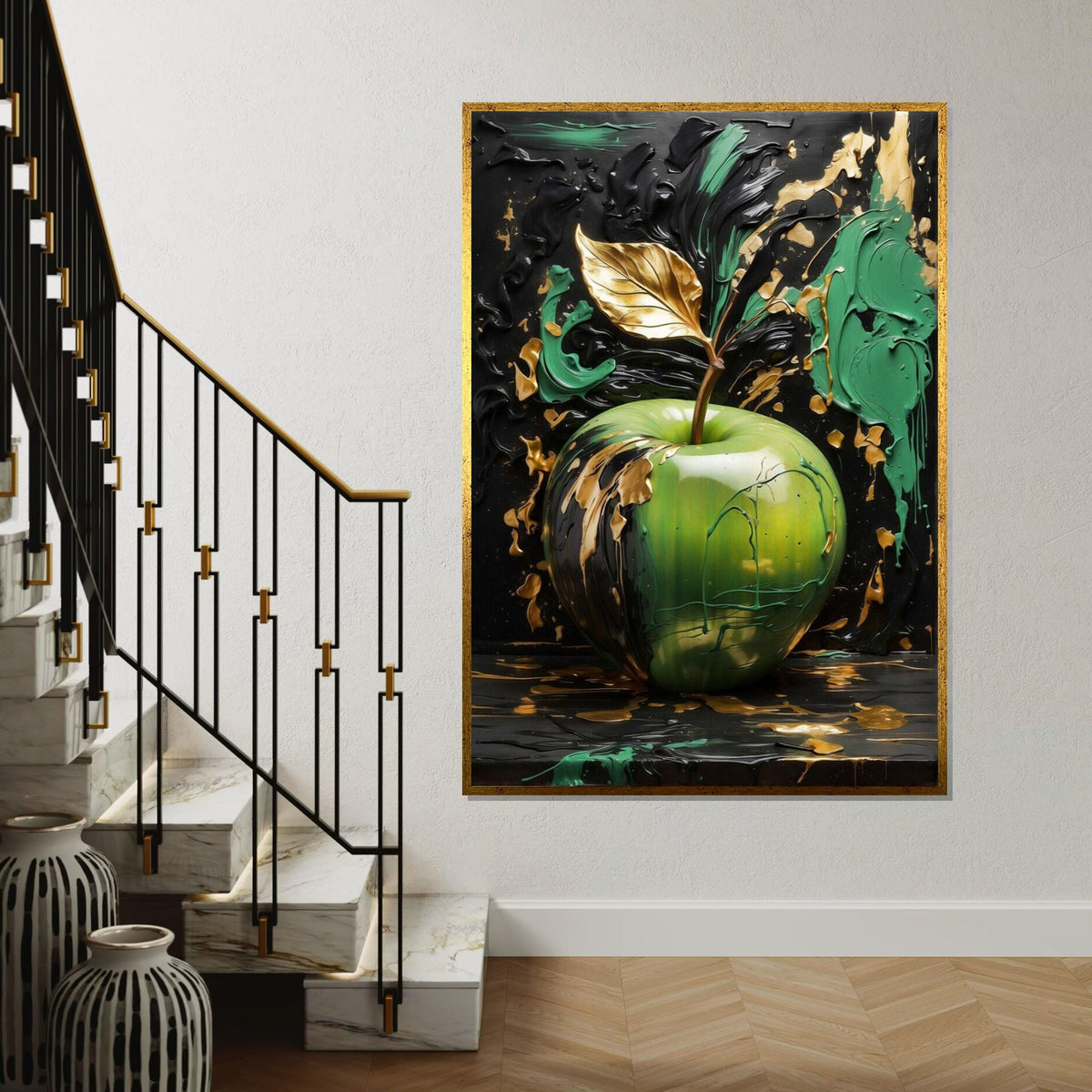 Golden Leaf Apple Canvas, Abstract Apple Art, Green and Gold Wall Art, Wall Art Canvas Design, Ready to Hang Decoration