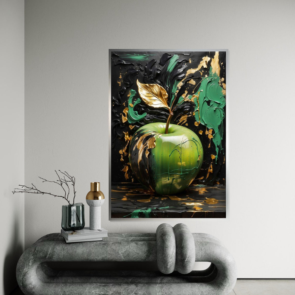 Golden Leaf Apple Canvas, Abstract Apple Art, Green and Gold Wall Art, Wall Art Canvas Design, Ready to Hang Decoration