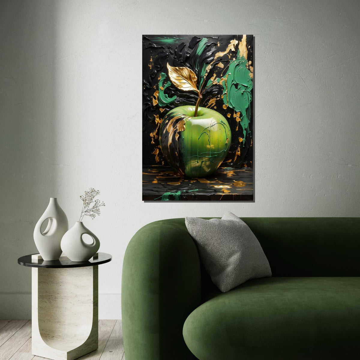 Golden Leaf Apple Canvas, Abstract Apple Art, Green and Gold Wall Art, Wall Art Canvas Design, Ready to Hang Decoration