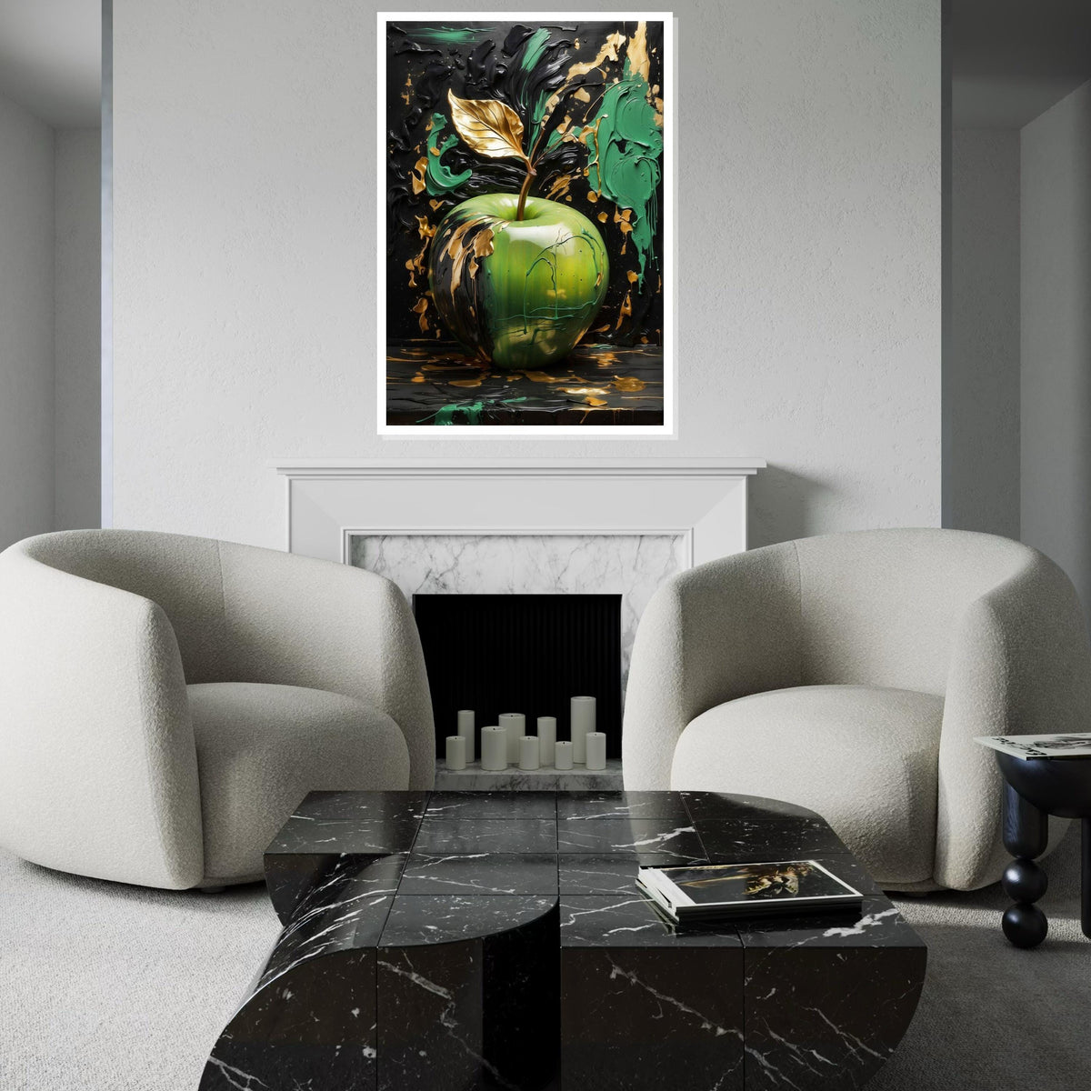 Golden Leaf Apple Canvas, Abstract Apple Art, Green and Gold Wall Art, Wall Art Canvas Design, Ready to Hang Decoration
