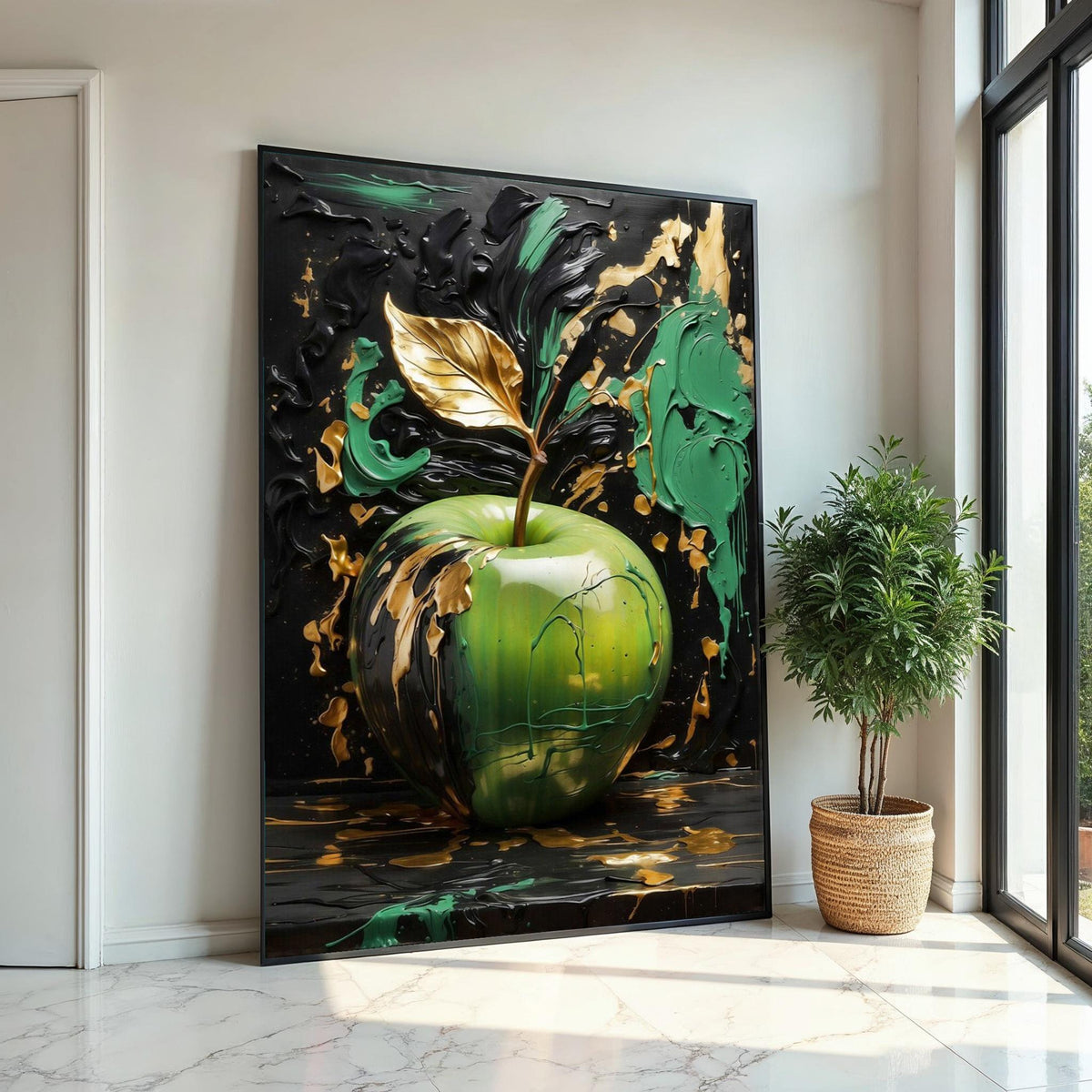 Golden Leaf Apple Canvas, Abstract Apple Art, Green and Gold Wall Art, Wall Art Canvas Design, Ready to Hang Decoration