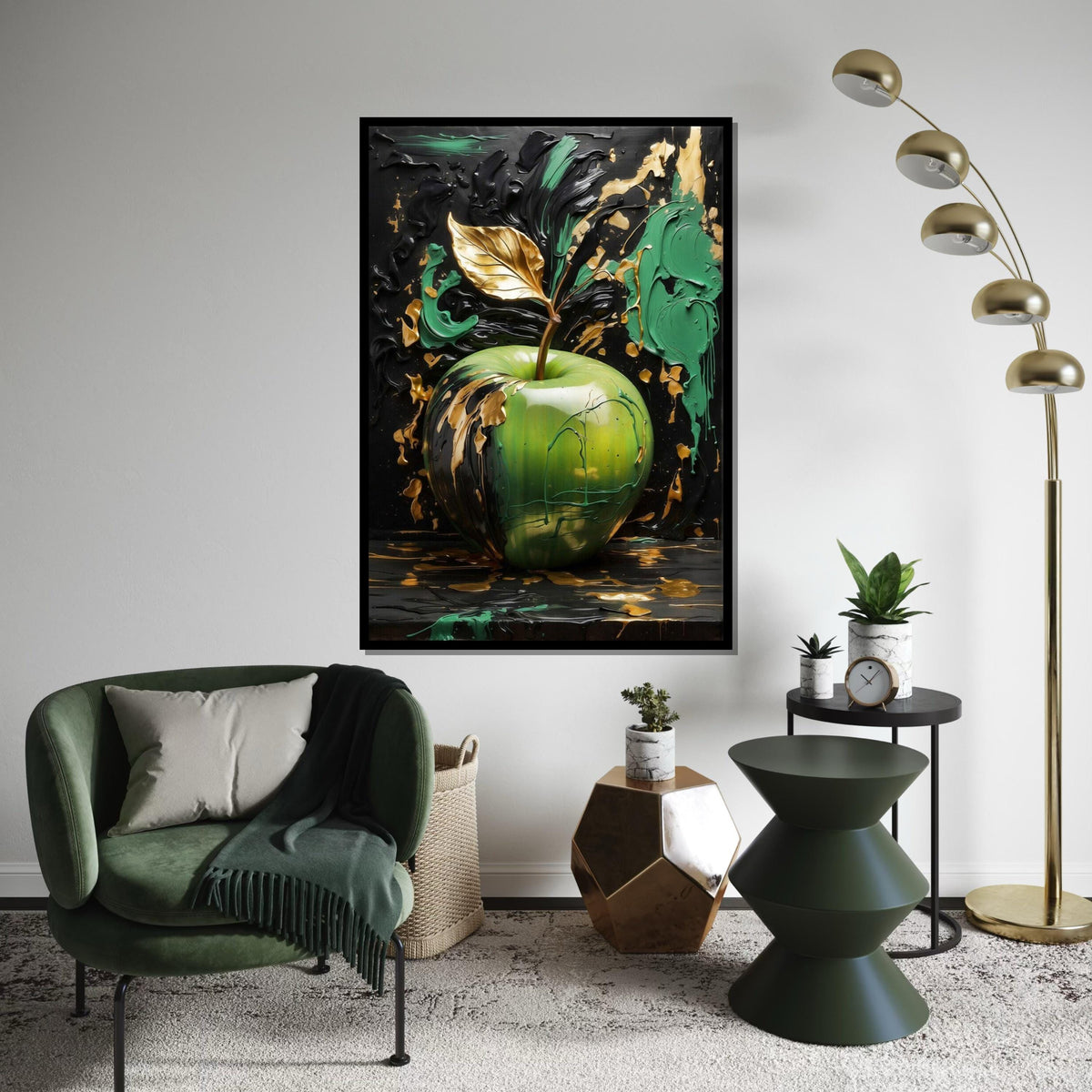 Golden Leaf Apple Canvas, Abstract Apple Art, Green and Gold Wall Art, Wall Art Canvas Design, Ready to Hang Decoration