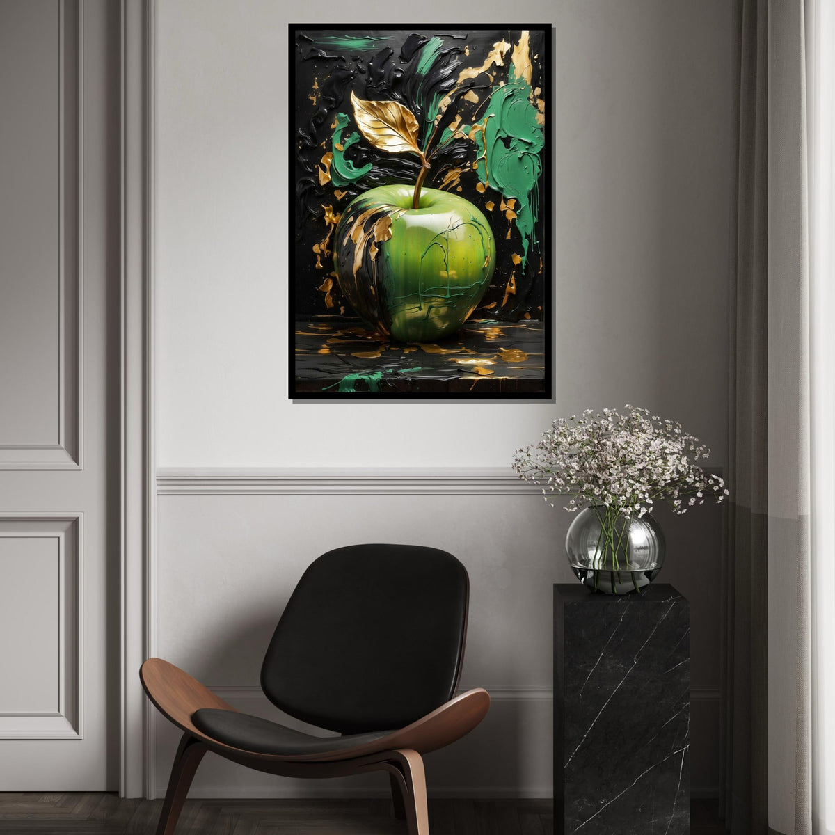 Golden Leaf Apple Canvas, Abstract Apple Art, Green and Gold Wall Art, Wall Art Canvas Design, Ready to Hang Decoration