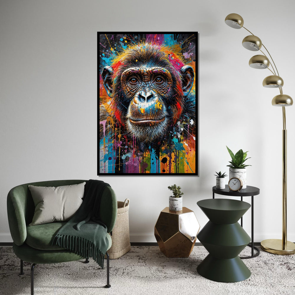 Vibrant Chimpanzee Canvas, Colorful Chimp Art, Animal Wall Art, Canvas Design, Splatter Paint, Modern Decor, Ready to Hang