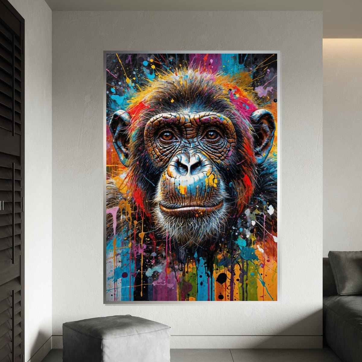 Vibrant Chimpanzee Canvas, Colorful Chimp Art, Animal Wall Art, Canvas Design, Splatter Paint, Modern Decor, Ready to Hang