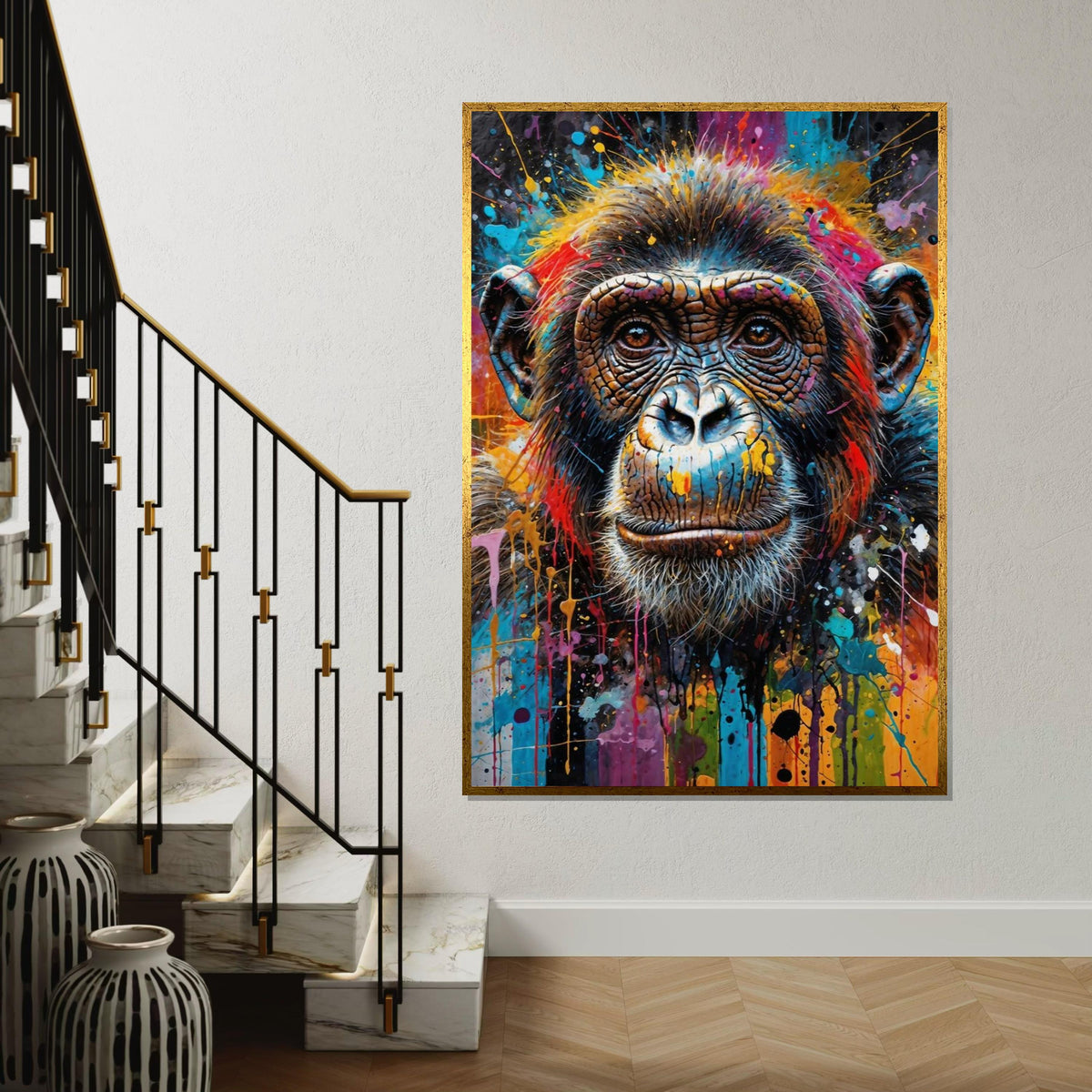 Vibrant Chimpanzee Canvas, Colorful Chimp Art, Animal Wall Art, Canvas Design, Splatter Paint, Modern Decor, Ready to Hang