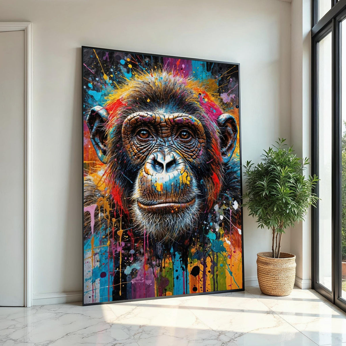 Vibrant Chimpanzee Canvas, Colorful Chimp Art, Animal Wall Art, Canvas Design, Splatter Paint, Modern Decor, Ready to Hang