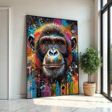Vibrant Chimpanzee Canvas, Colorful Chimp Art, Animal Wall Art, Canvas Design, Splatter Paint, Modern Decor, Ready to Hang