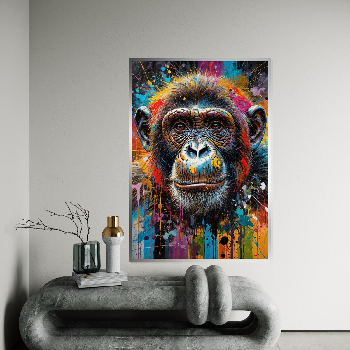 Vibrant Chimpanzee Canvas, Colorful Chimp Art, Animal Wall Art, Canvas Design, Splatter Paint, Modern Decor, Ready to Hang
