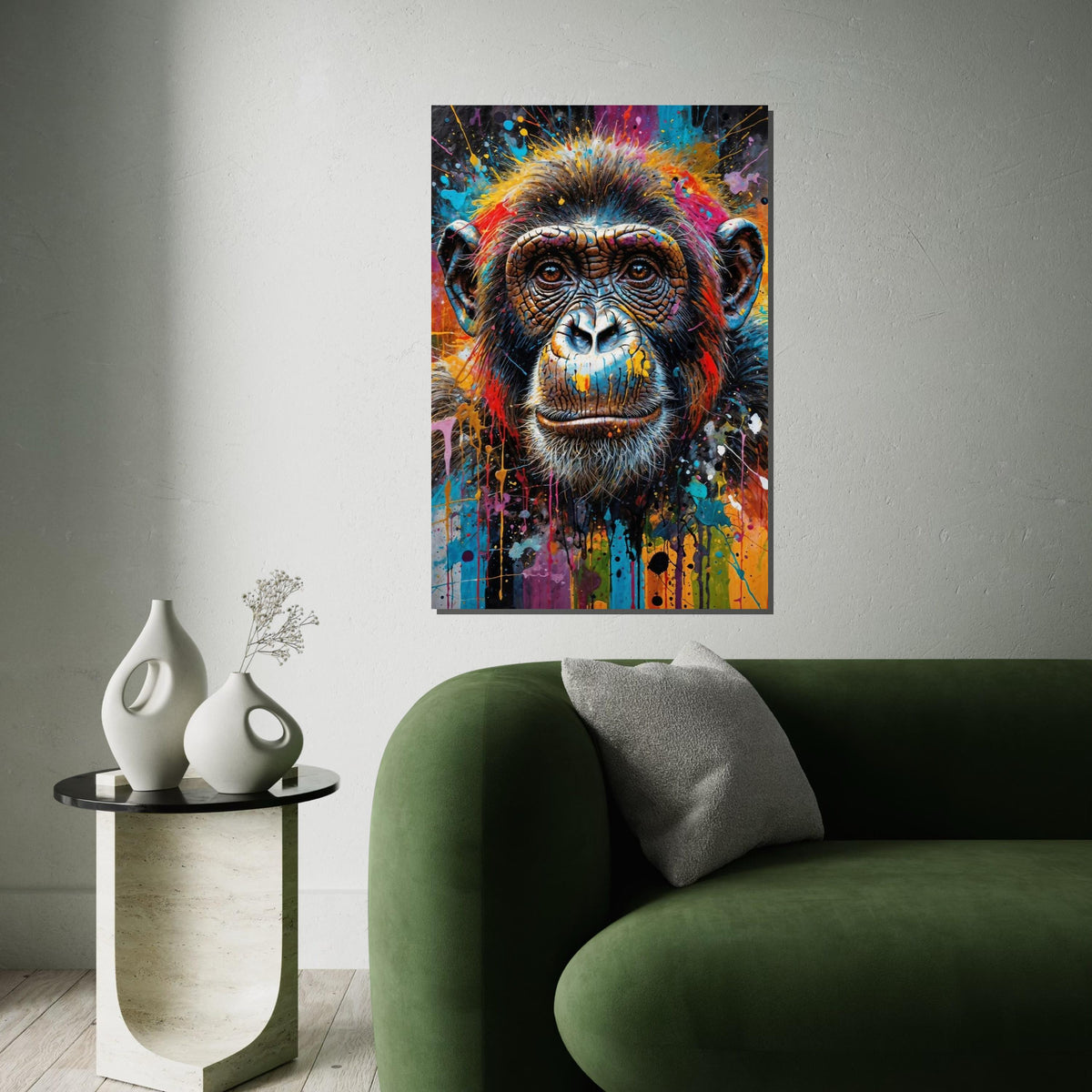 Vibrant Chimpanzee Canvas, Colorful Chimp Art, Animal Wall Art, Canvas Design, Splatter Paint, Modern Decor, Ready to Hang