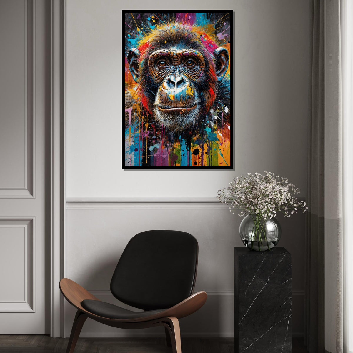 Vibrant Chimpanzee Canvas, Colorful Chimp Art, Animal Wall Art, Canvas Design, Splatter Paint, Modern Decor, Ready to Hang