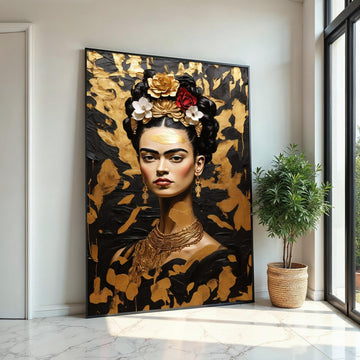 Frida Inspired Gold Canvas, Elegant Mexican Woman Portrait, Black and Gold Wall Art, Frida Style Painting, Floral Hair Canvas Print