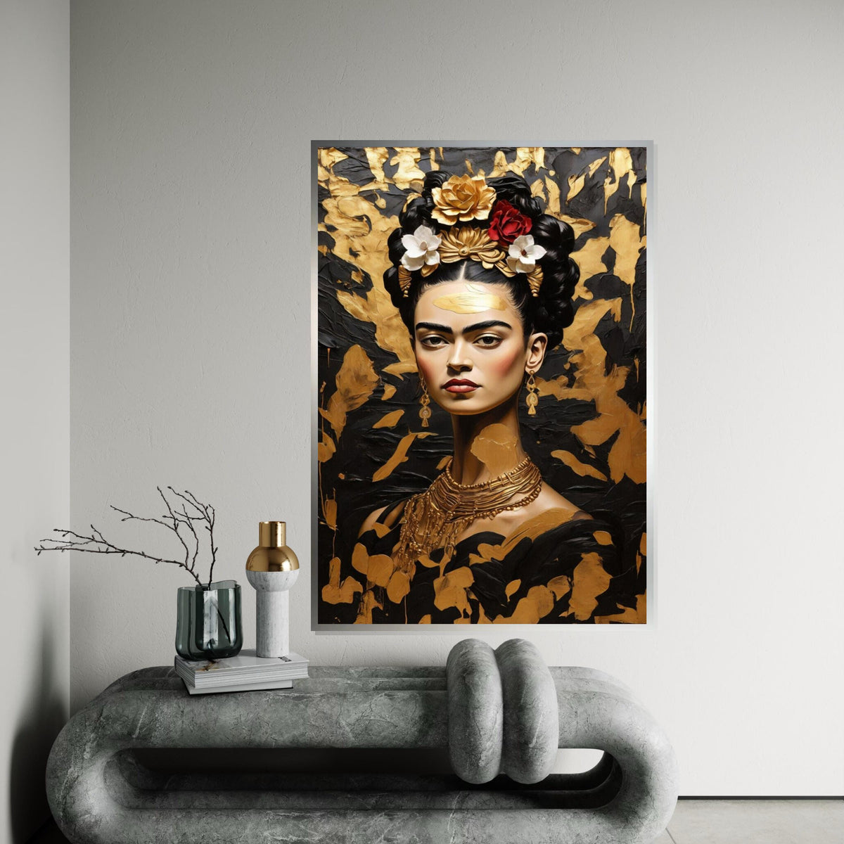 Frida Inspired Gold Canvas, Elegant Mexican Woman Portrait, Black and Gold Wall Art, Frida Style Painting, Floral Hair Canvas Print