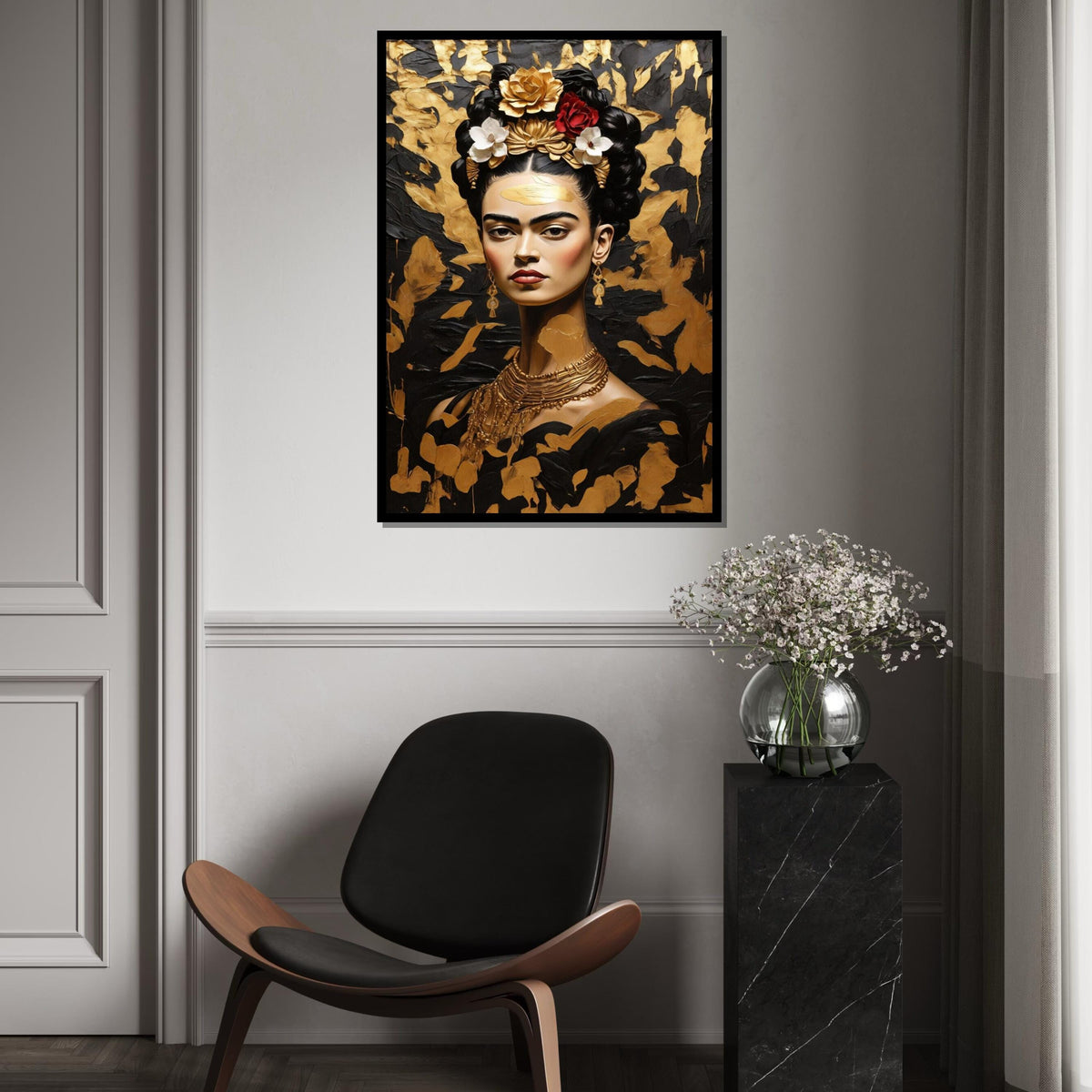 Frida Inspired Gold Canvas, Elegant Mexican Woman Portrait, Black and Gold Wall Art, Frida Style Painting, Floral Hair Canvas Print