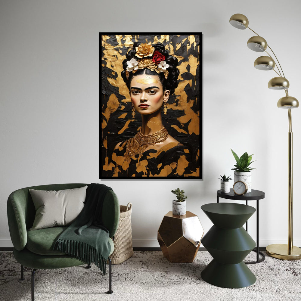 Frida Inspired Gold Canvas, Elegant Mexican Woman Portrait, Black and Gold Wall Art, Frida Style Painting, Floral Hair Canvas Print