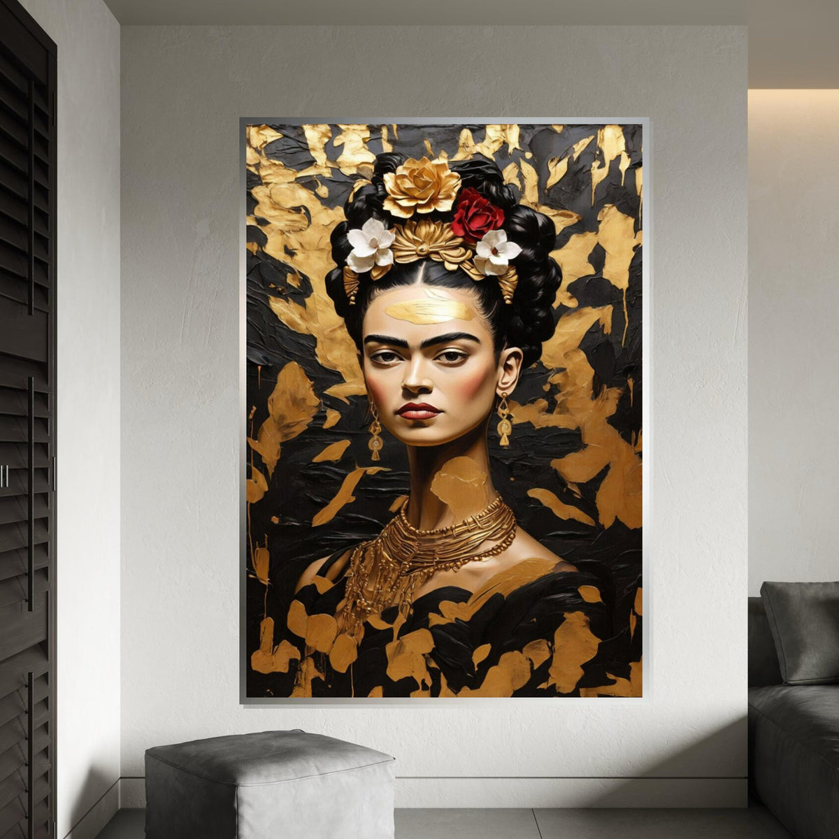 Frida Inspired Gold Canvas, Elegant Mexican Woman Portrait, Black and Gold Wall Art, Frida Style Painting, Floral Hair Canvas Print