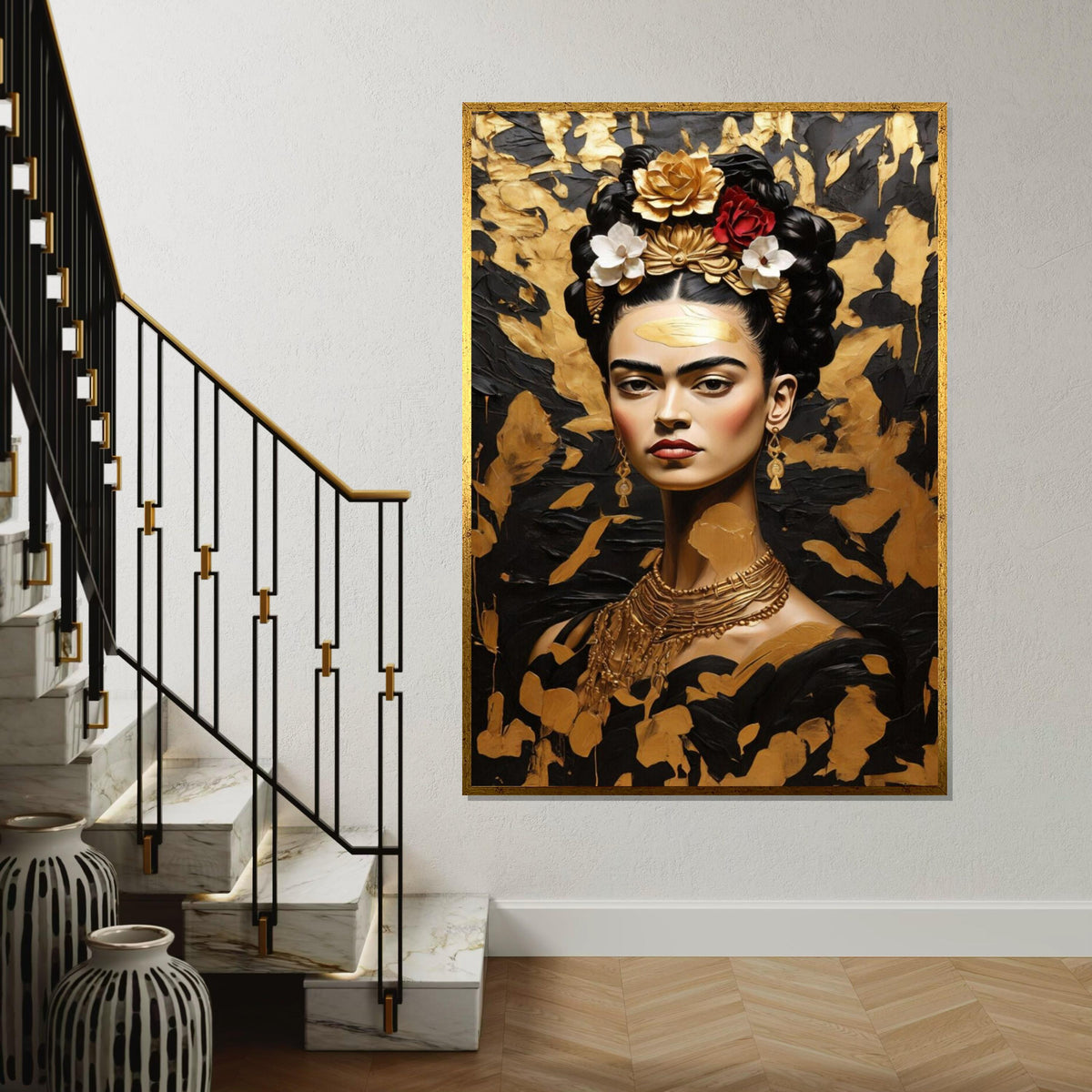 Frida Inspired Gold Canvas, Elegant Mexican Woman Portrait, Black and Gold Wall Art, Frida Style Painting, Floral Hair Canvas Print