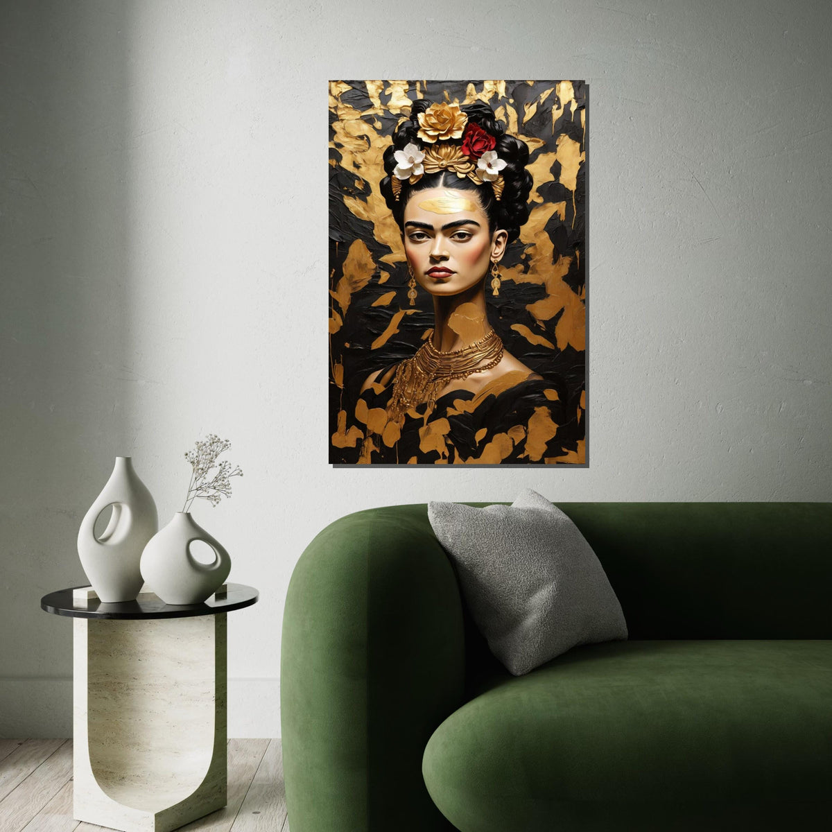 Frida Inspired Gold Canvas, Elegant Mexican Woman Portrait, Black and Gold Wall Art, Frida Style Painting, Floral Hair Canvas Print