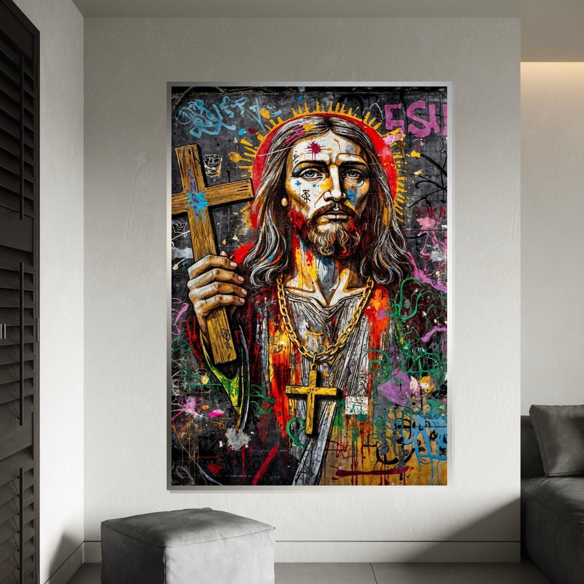 Vibrant Messiah Canvas, Graffiti Jesus Art, Religious Wall Art, Colorful Street Art Print, Wall Art Canvas Design, Ready to Hang Decor